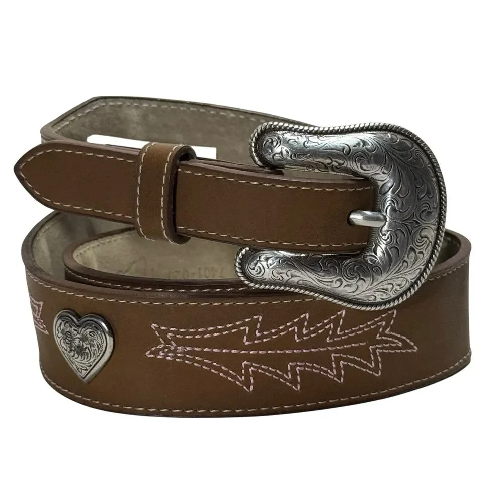 Wrangler Girls HEART CONCHO Taper Leather Western Belt Pink Embroidery Sz XXL
